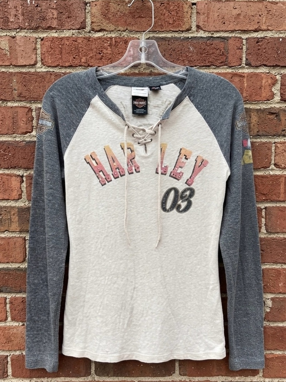 Harley-Davidson Cream Front Gray Raglan Lace-Up Long Sleeve Tee